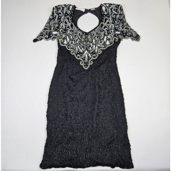 VTG Laurence Kazar Beaded Silk Formal Dress L Embellished Sequin MOB 80s Black - Picture 11 of 16